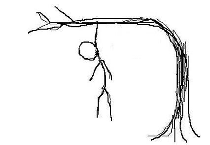 sketch of stick man hanging from tree branch